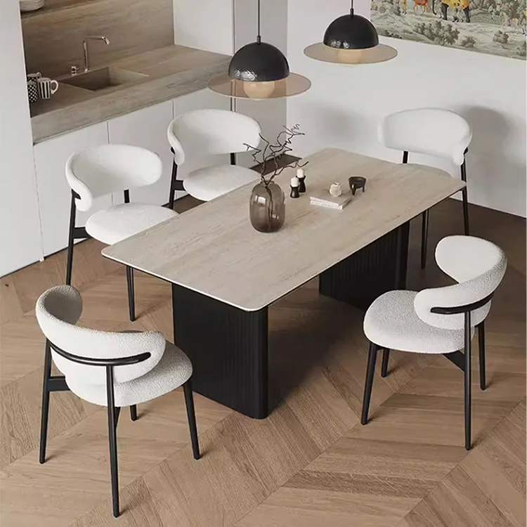Luxury fabric Velvet boucle Black Leg Solid Wood white Dining Chair Nordic Modern oak Dining table and chair Set 4 Chairs