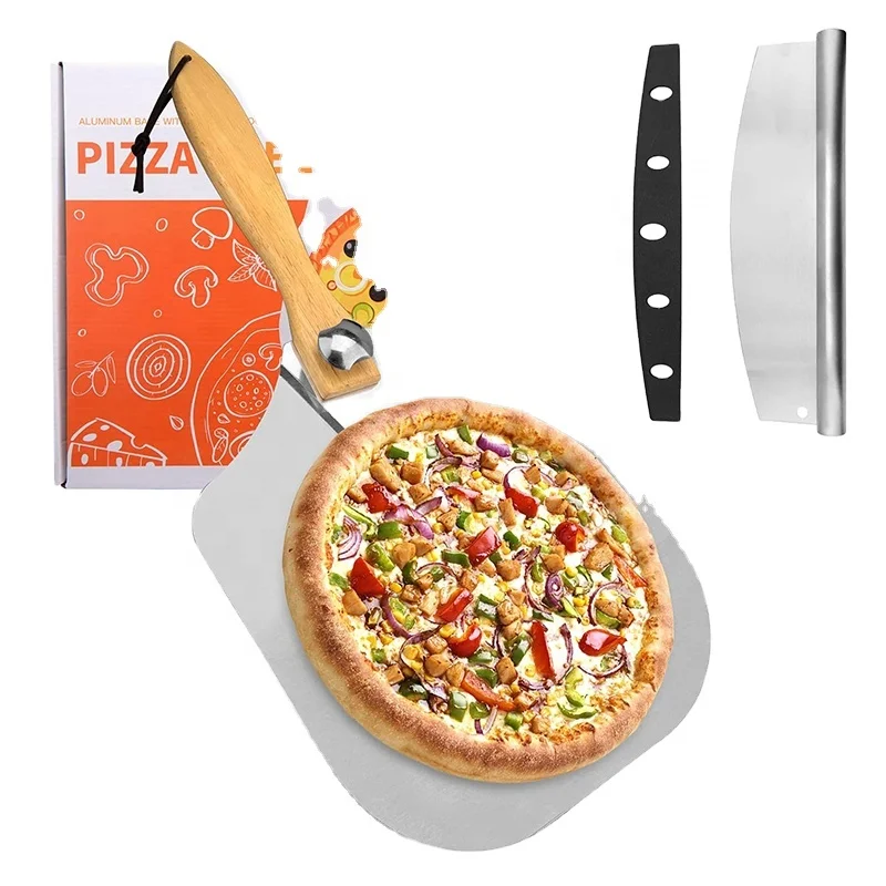 2 Piece BPA Free Kitchen Gadgets Food Serving Tools Wooden Handle Pizza Peel and Pizza Cutter Set
