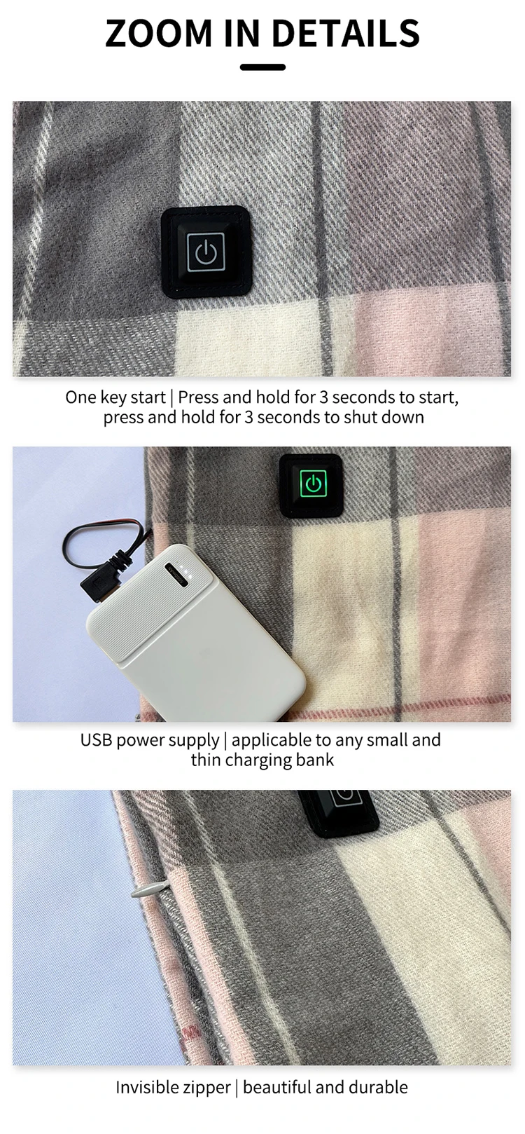Christmas Gifts Sale Men Women Heated Scarves USB Rechargeable Constant Temperature Design Grid Tassels Heating Scarf for Winter