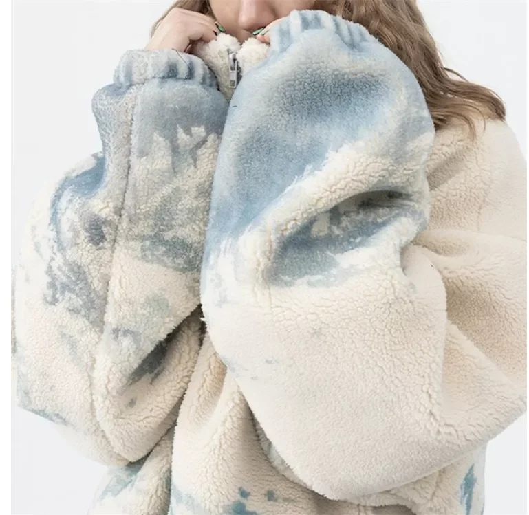 OEM custom winter 100%wool all over printed oversized sherpa fluffy fleece jacket for men