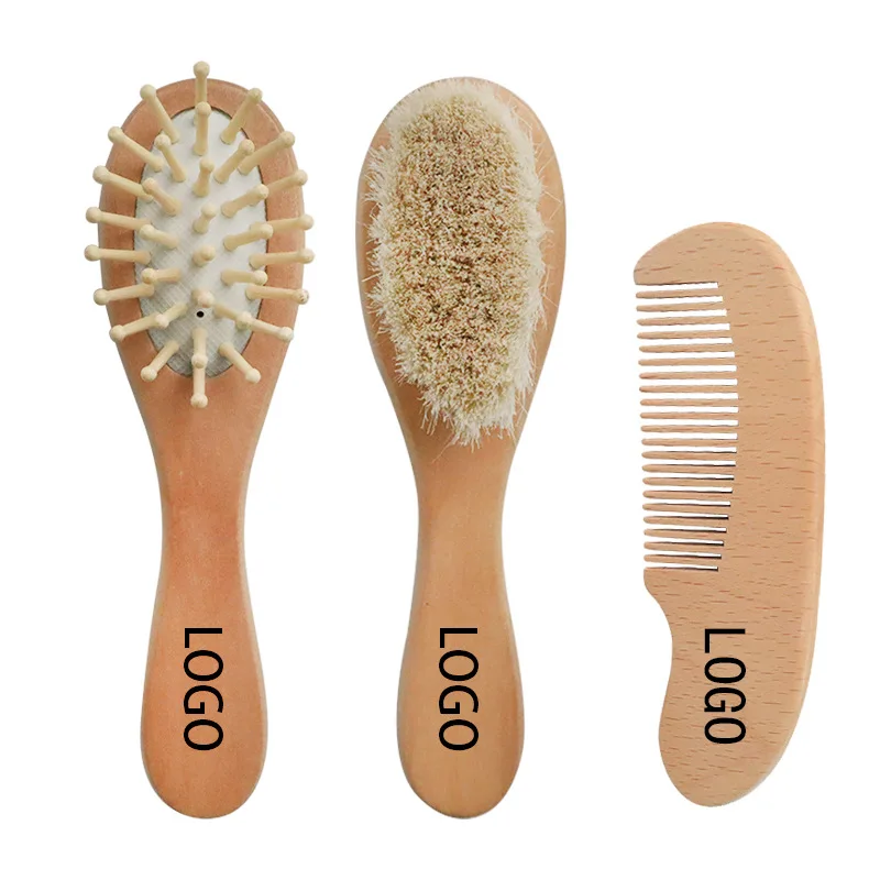 Custom Logo Baby Wool Hair Brush Natural Soft Goat Bristles airbag comb Newborn Wooden Baby Brush paddle brush Set