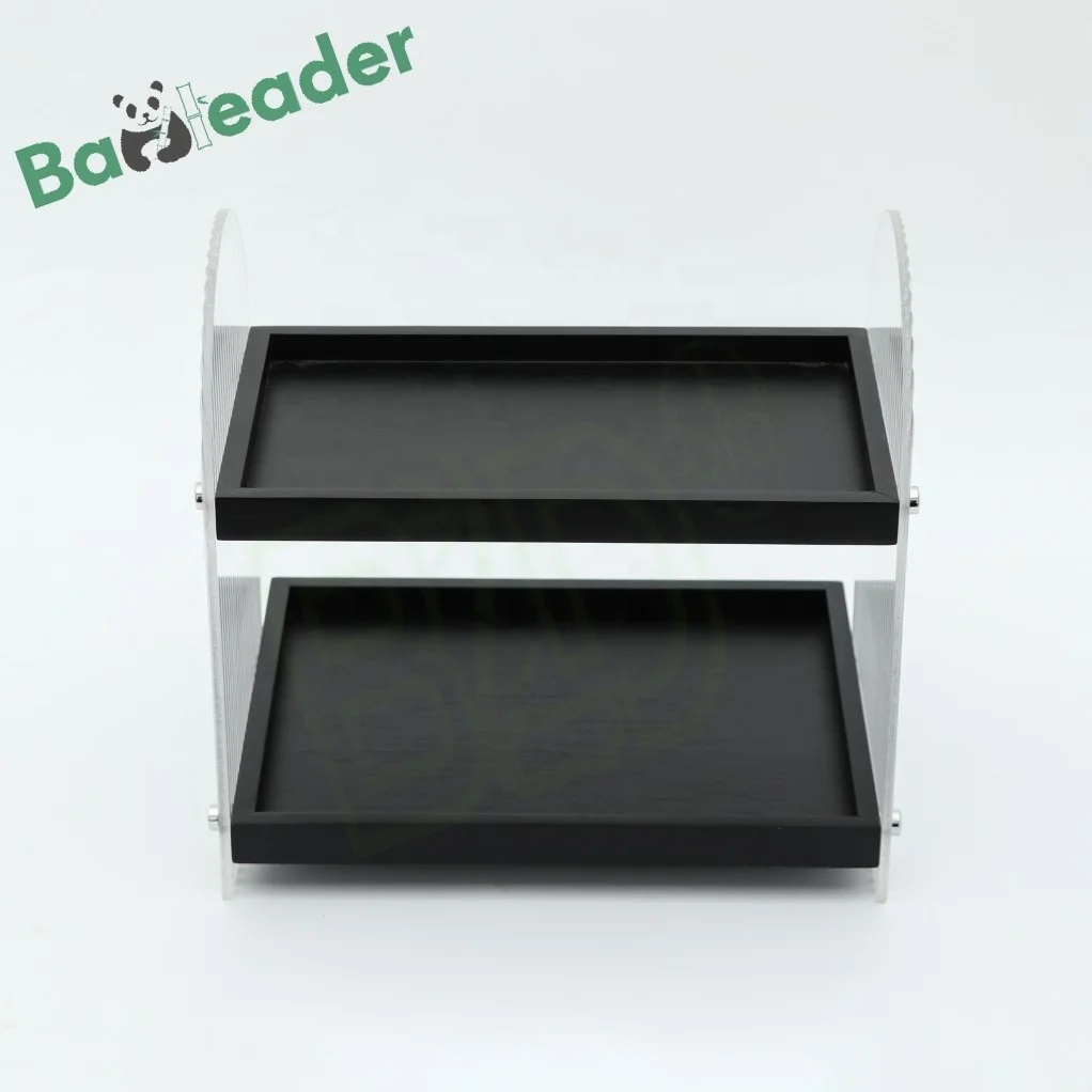 Customized Bamboo Wood Cosmetics Display Rack 2-tier Desktop Acrylic Storage Shelves Versatile Bamboo Acrylic Makeup Organizer