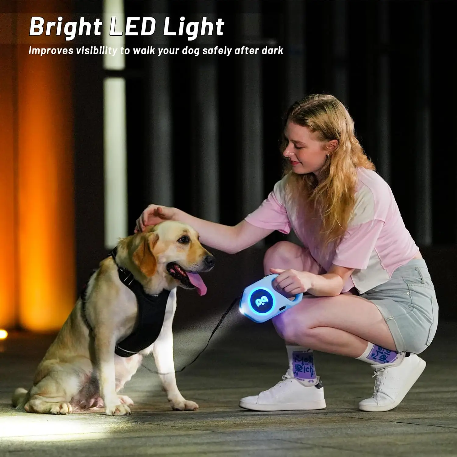 Retractable Dog Leash with Rechargeable LED Light - Strong Nylon Tape for Night Walks up to 88lbs Pet - 360 Tangle-Free