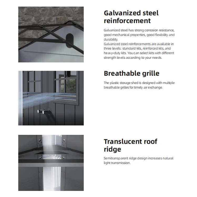 Factory Direct Sale Outdoor House Garden Tools Storage Metal + Plastic Yard Shed