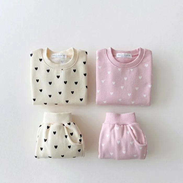 Spring Autumn Baby Lovely Girls Two-piece Clothes Casual Set Girls Pure Cotton Heart Print Long Sleeve Baby Suits