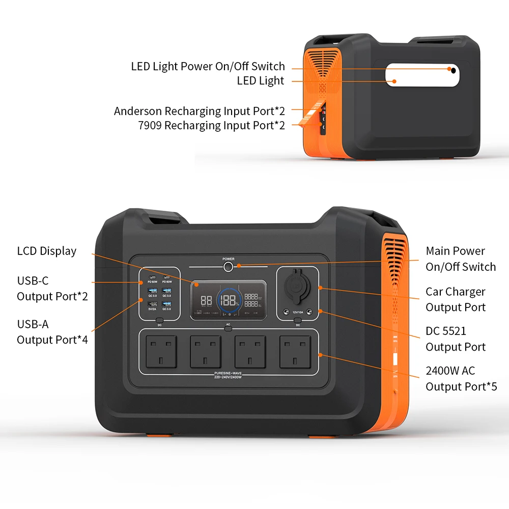 Original Factory Tragbare Kraftwerk Outdoor LiFePO4 Battery Portable Power Station Solar Generator 240V Centrale Elettric 2400W