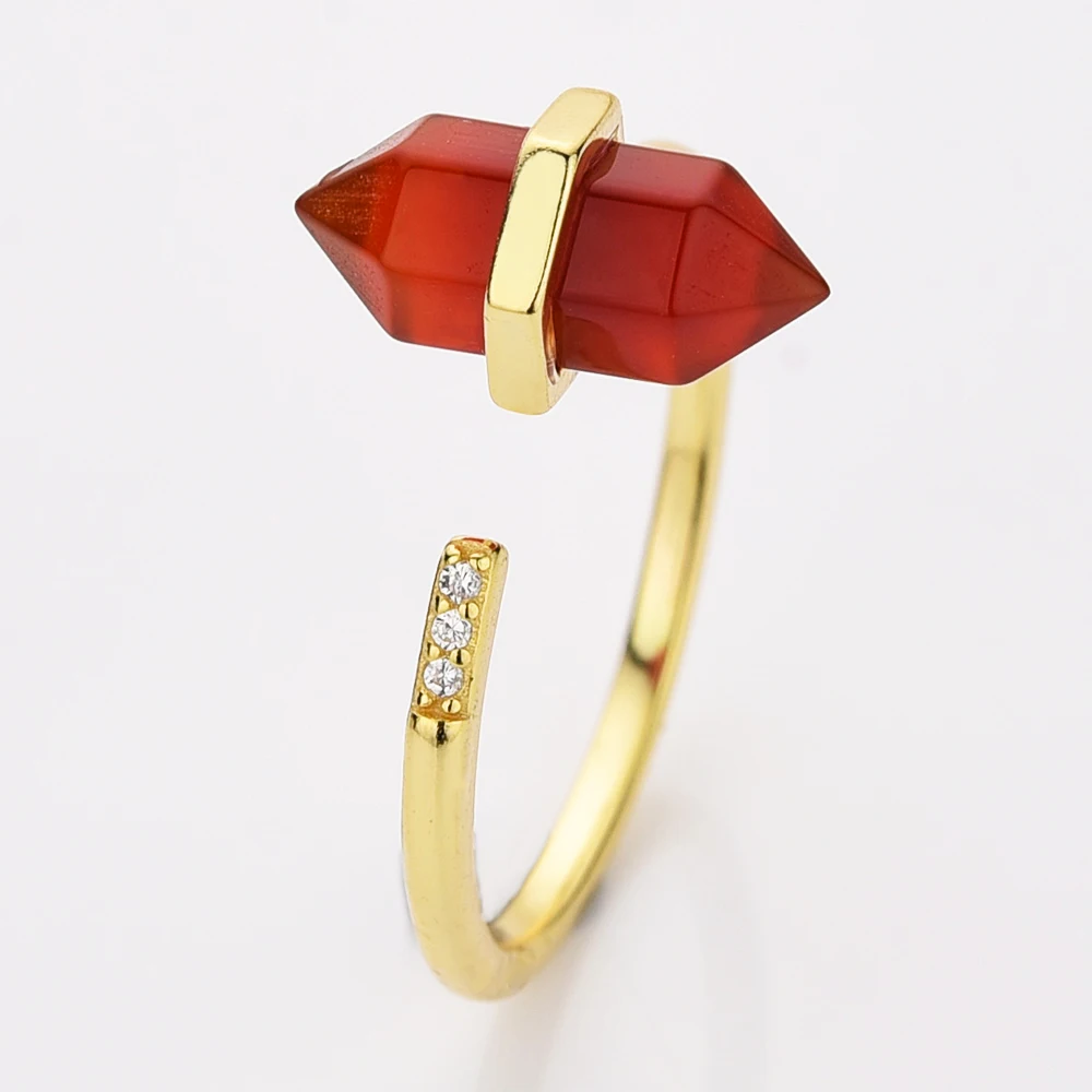18k Real gold plated 925 sterling silver adjustable women wand crystal natural carnelian stone ring
