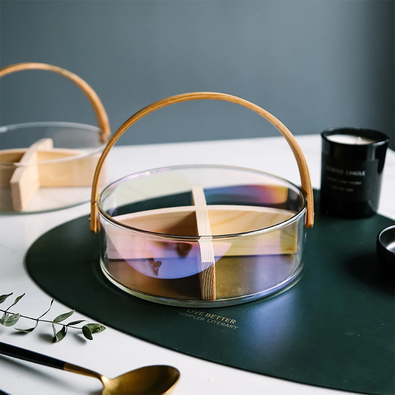 Wholesale Customized  OEM Tempered Ice Bucket Stackable Glass Fruit Storage Basket With Wooden Handle