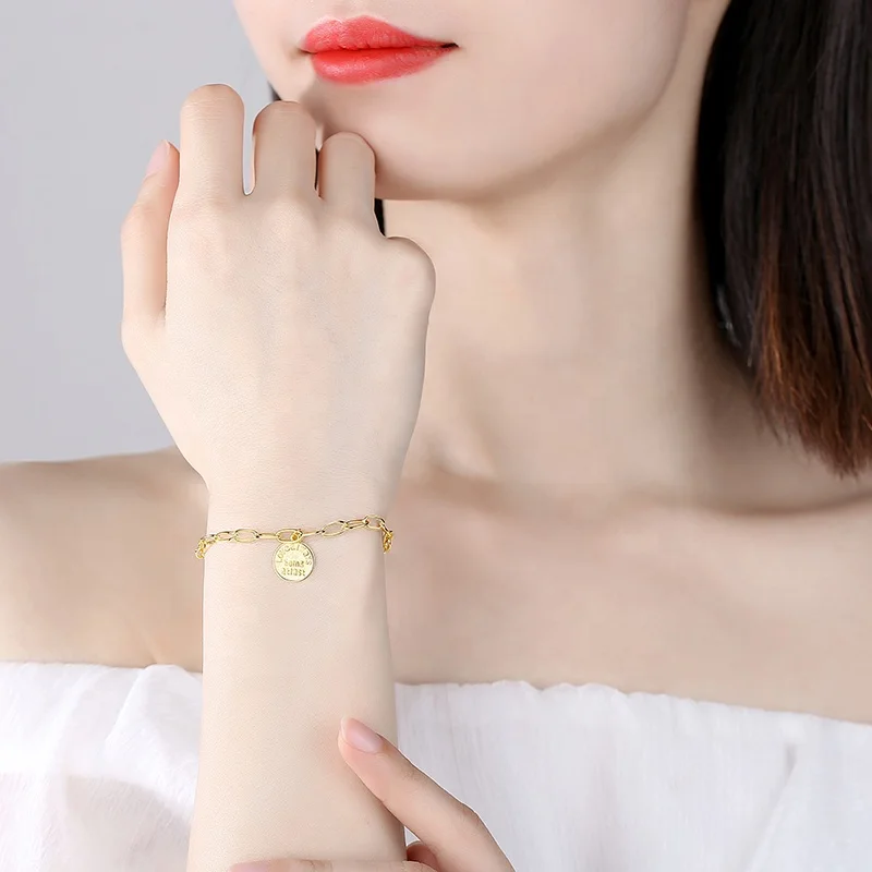 YINSAKI 925 Silver 18K Gold Plated Message Coin Charms Engraved Bracelet Customized Personality Letter Bracelet
