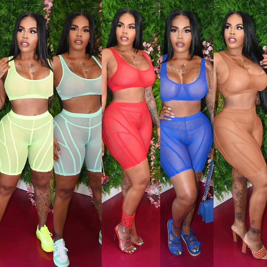 Nibber K21S03165 Wholesale See Through Crop Top Biker Short Set Plain  2 Piece Set Summer Wear 2021