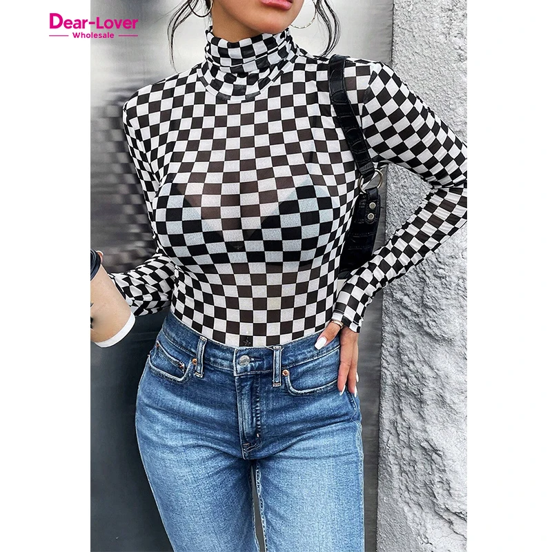 Dear-Lover New Design Black Checkered Printed Long Sleeve High Neck Bodysuit One Piece Female Women Sexy Body Suit