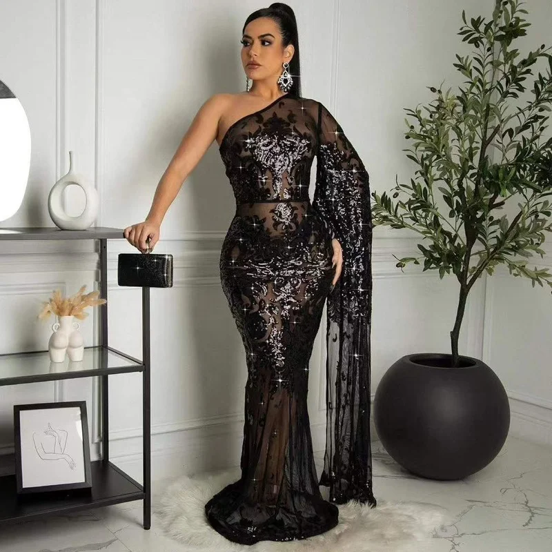 Women Party Dress One Shoulder Designer Luxury Evening Dresses  See Through Embroidery Sequin Party Night Evening Dress 3XL