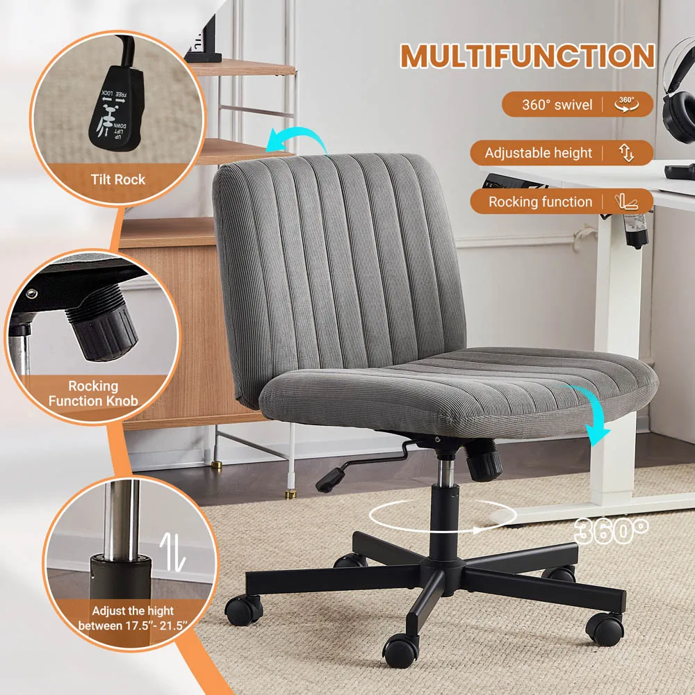 Modern Swivel Height Adjustable Armless Cross Legged Desk Chair Office Chair With Wide Seat For Home Office