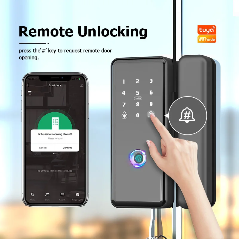 Tediton New Security Tuya App Mobile APP Biometric Office Smart Glass Door Lock with Key