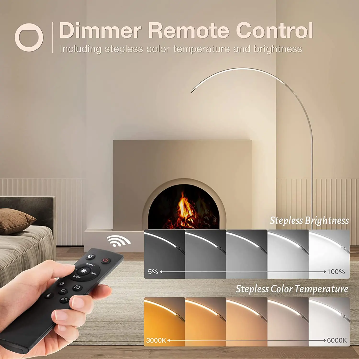 LED Arc Floor Lamp with Remote Control, Stepless Color temperatures and Brightness, Standing Lamp Dimmable Light Arching from Be