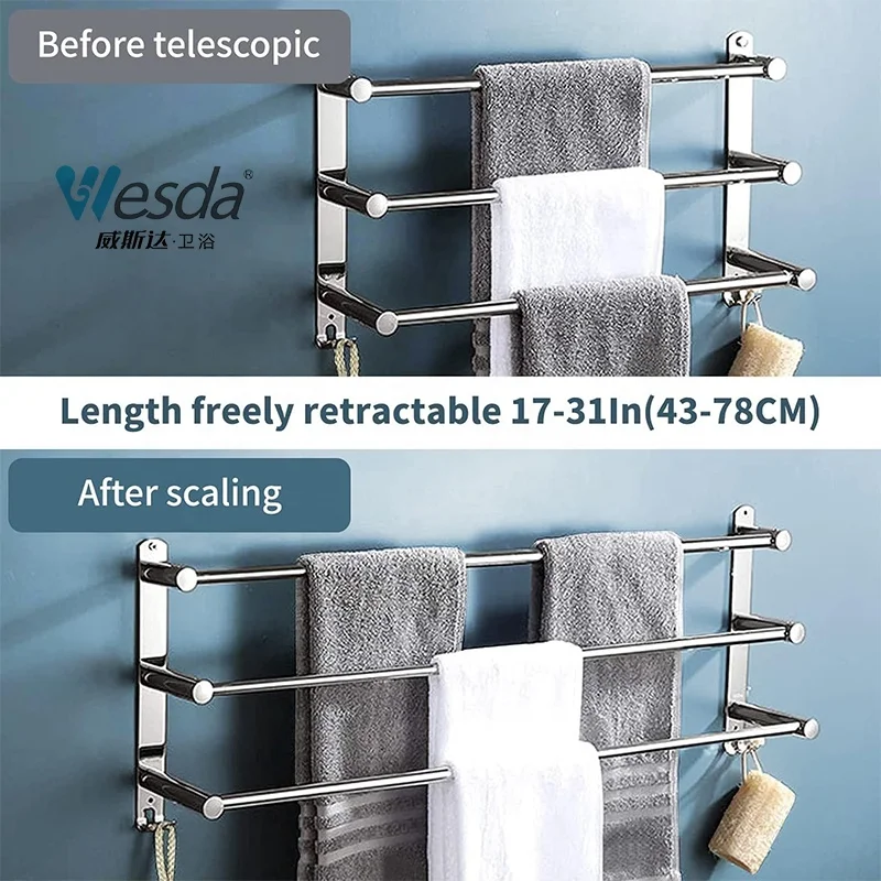 Wholesale Bathroom Towel Ladder Pendant Rod Rails 304 Stainless Steel Balcony Freely Retractable Bar Towel Rack with Hooks