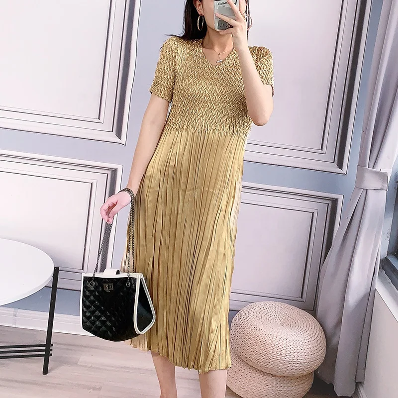 Fashion Summer 2020 dresses women lady elegant party Noble golden pleated High waist clothing