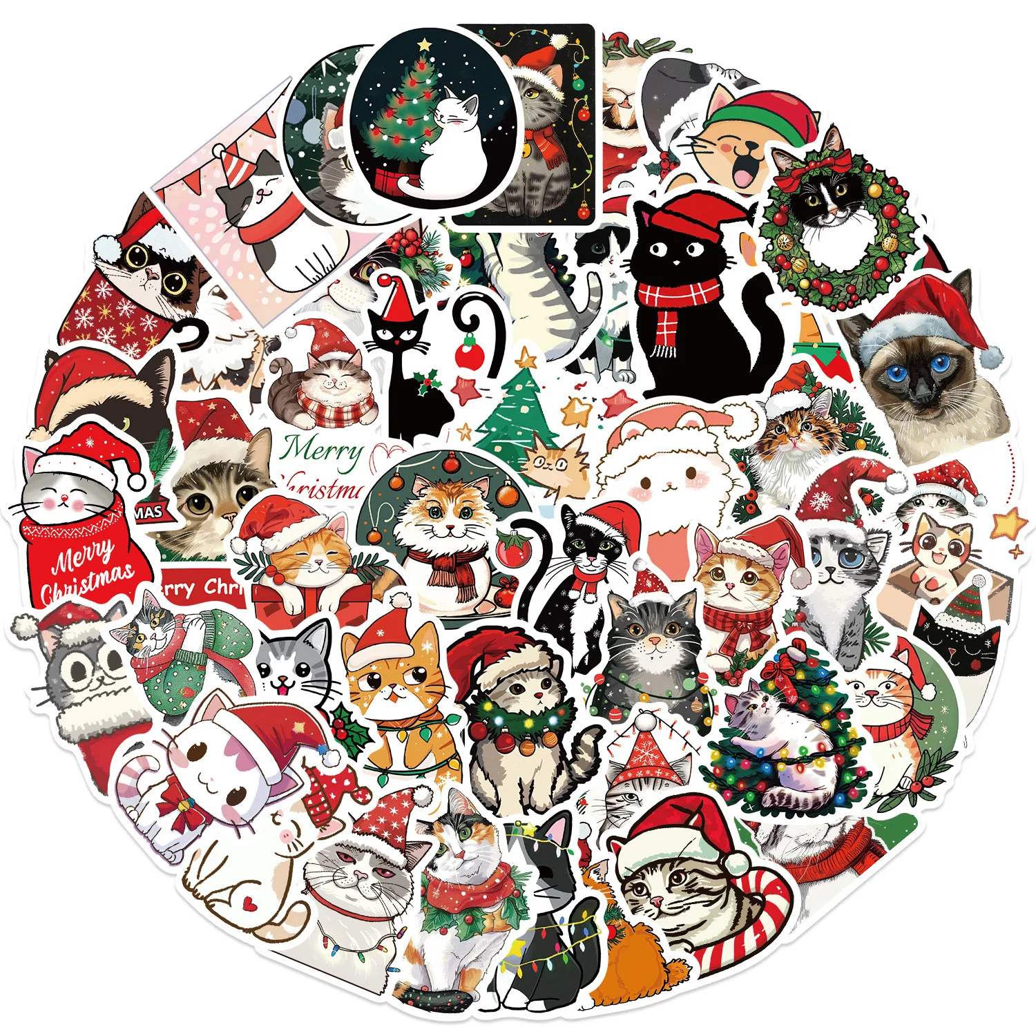 2024 New 50Pcs Christmas Cute Kitty Graffiti Stickers for Home Wall Decor Merry Christmas Cat Funny Sticker