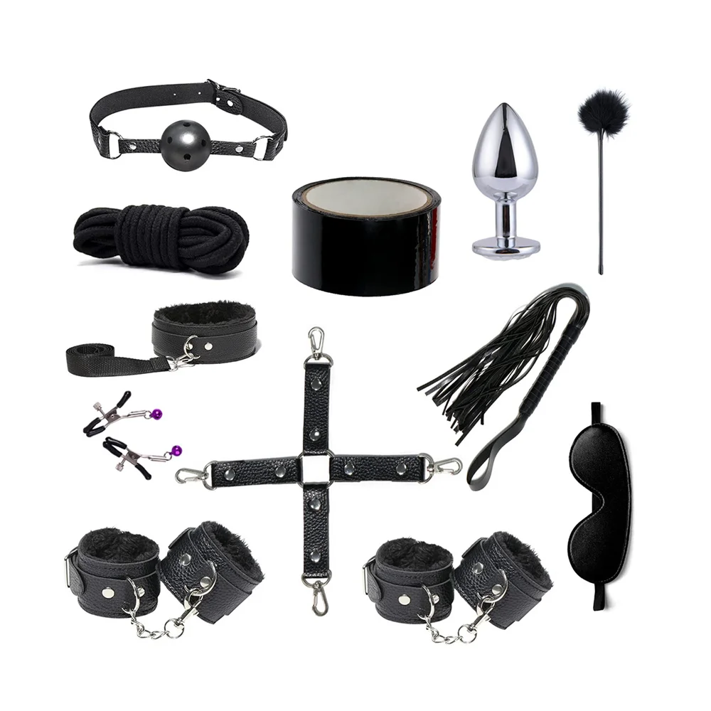 12 Pcs BDSM Sex Toys SM Bondage Set Handcuffs Nipple Clamps Butt Plug Rope Sex Games Bed Restraints Kit Sex Play for Couple