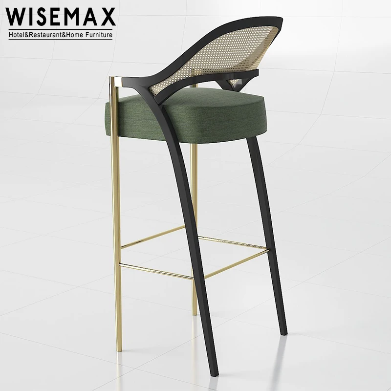 WISEMAX FURNITURE Italian Home Solid Wood Frame High Legs Bar Stool Rattan Curved Backrest Design Bar Stool With Fabric Seat