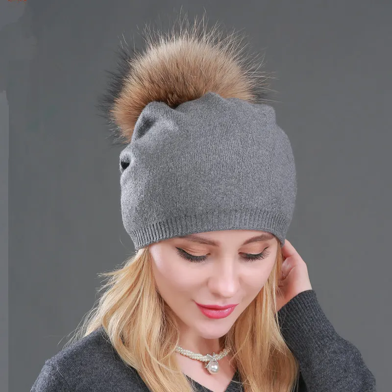 Factory Wholesale Winter Knitted Beanie Hat For Women Real Fur Pom Pom Hats Soft Warm Cashmere Wool Knitted Beanie Hats