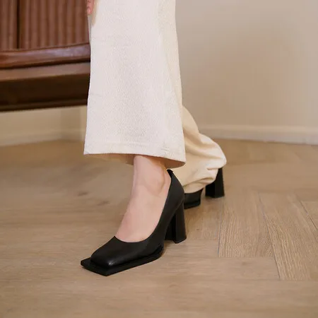 XINZI RAIN Spring New Ladies Block Heels Shoes Fashion Square Toe Black Real Leather 8.5cm Heel Women Chunky Heel Pumps