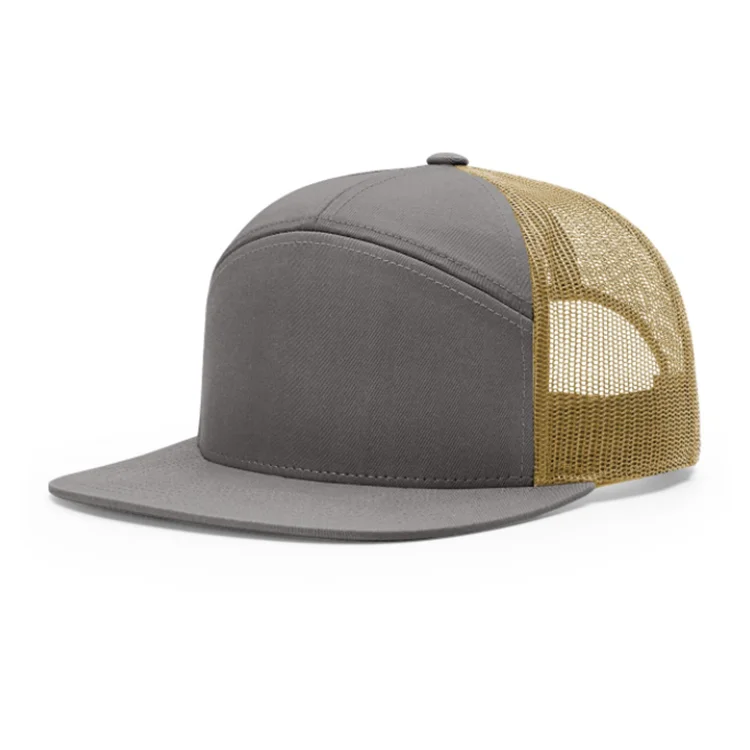 Wholesale Customized Black Snapback Mesh Patch Logo Custom 7 Panel Trucker Cap Hat