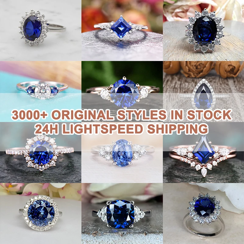 Factory Outlet Wholesale Price Dainty Vintage 925 Sterling Silver Cushion Tri Round Blue Sapphire Moissanite rings 1Ct 2ct 5ct