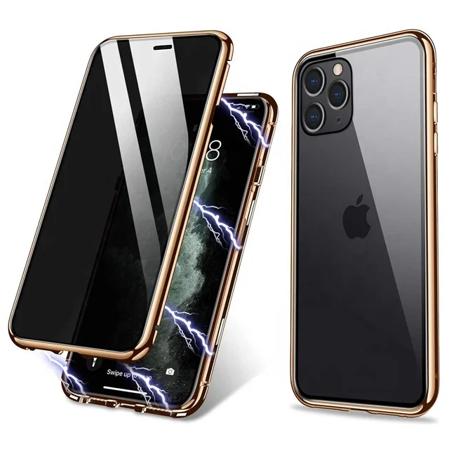 Ready Ship Magnetic Adsorption Tempered Glass 360 Degree Protection Case Aluminum Frame Flip Cover For Iphone 11Pro 5.8inch