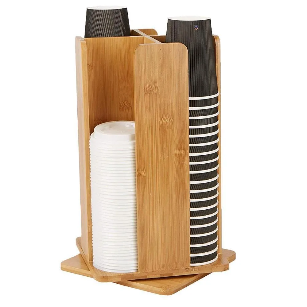 Rotating Bamboo Disposable Cup Storage Rack Multi-section Paper Cup Dispenser for Coffee Station Organizer