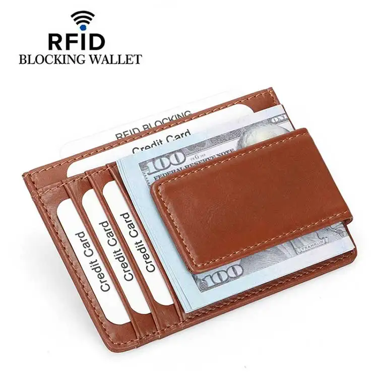 Custom Logo Vintage Cow Genuine Leather Slim Front Pocket Rfid Blocking Card Holder Wallet Men Strong Magnet Leather Money Clip