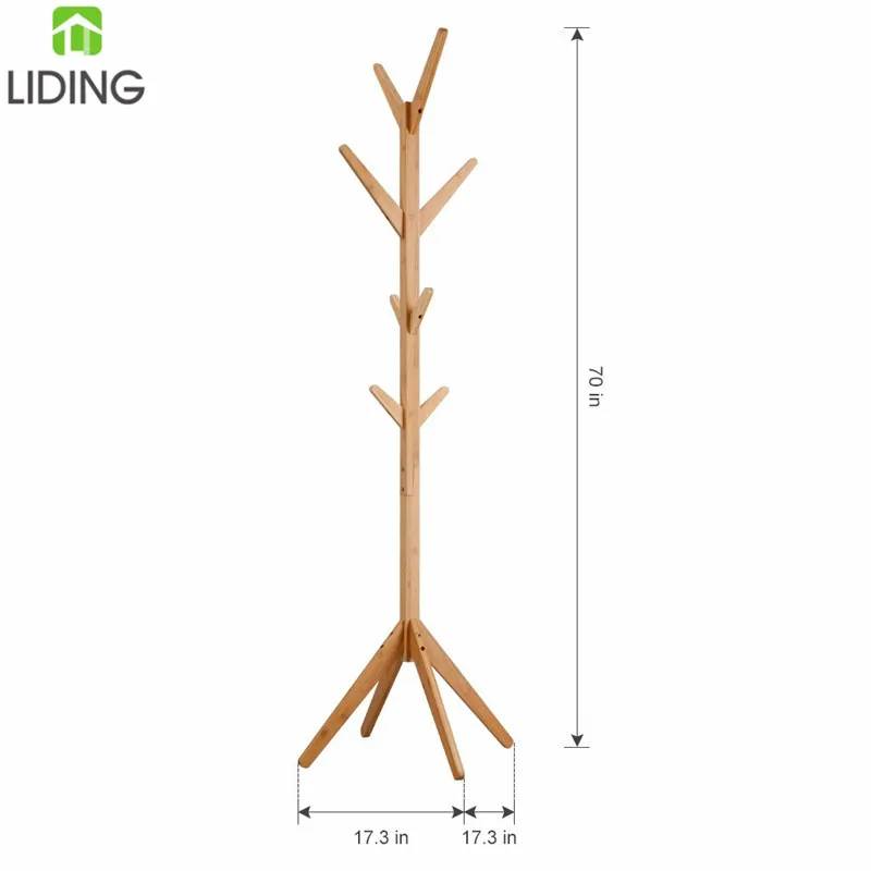 Bamboo Standing Coat Rack, Wood Coat Tree with 8 Hooks Hat Hanger