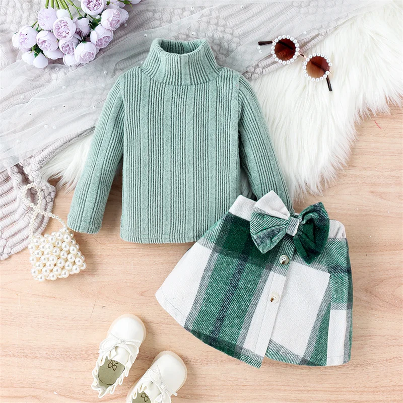 Ms-66 Children Clothing Sets Long Sleeve Tshirt Tops+Plaid Skirt Formal Outfits Winter Dress for Baby Girls 3-4 Years