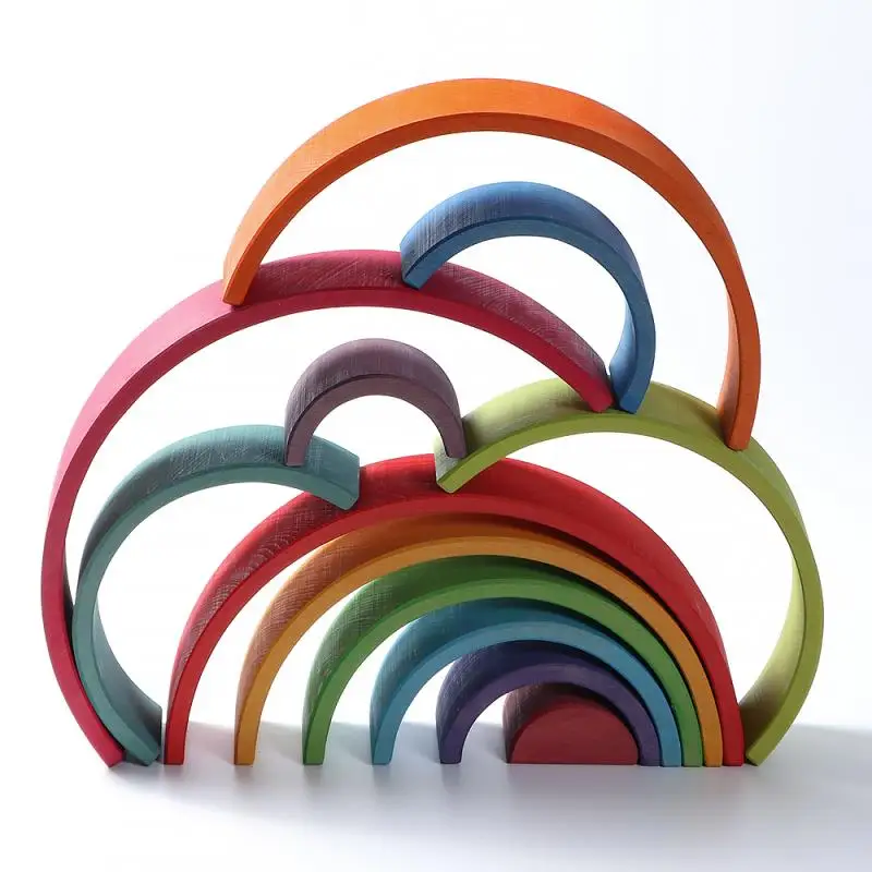 
12PCS Beech Wood Rainbow Building Blocks Kids Educational Wooden Toys Rainbow Stacker Baby Colour Sort Play Game Toy 