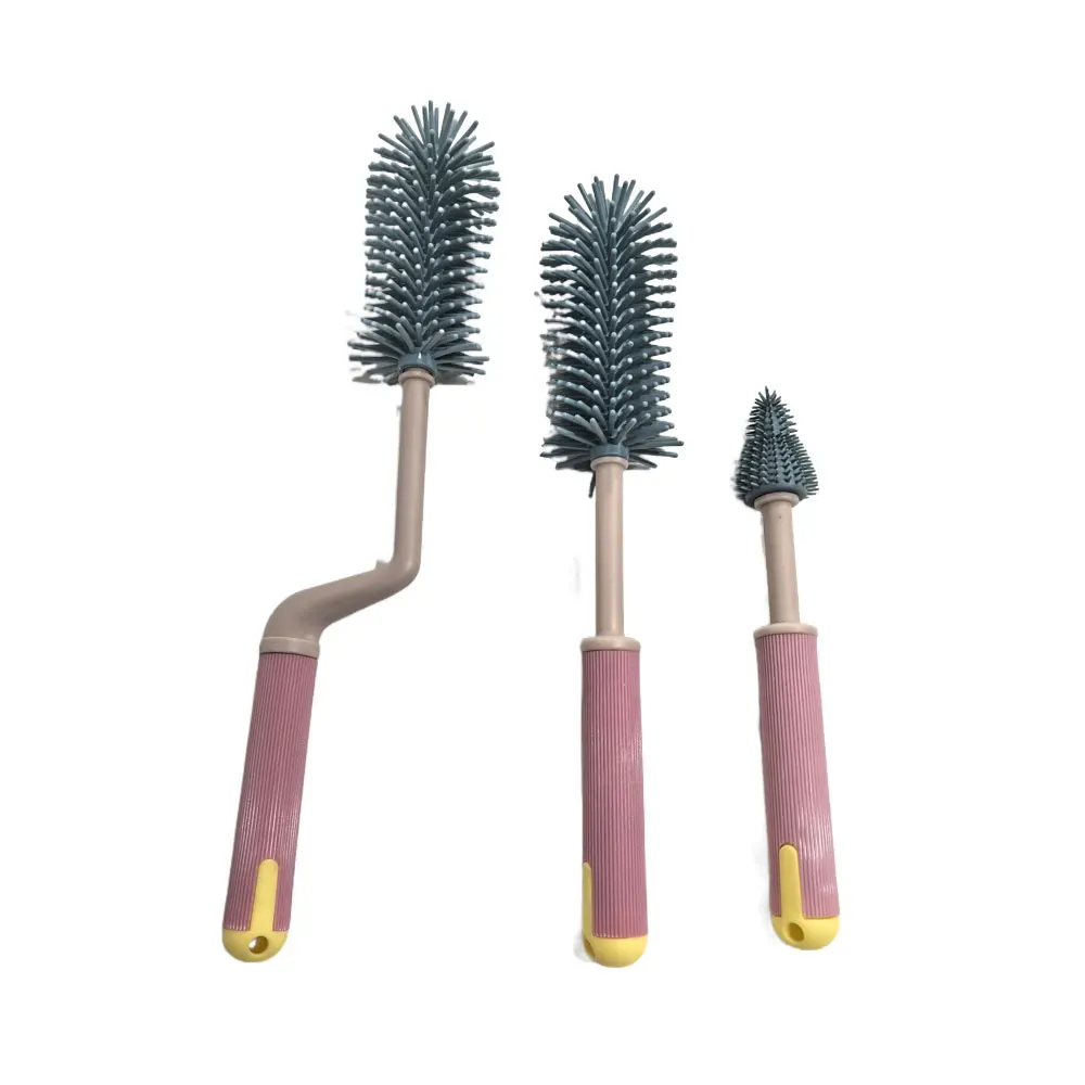 WONDERFUL 360 Degree Rotating Long Handle Silicone Baby Bottle Brush 3 in 1 Combo Milk Bottle Cleaning Brush Set
