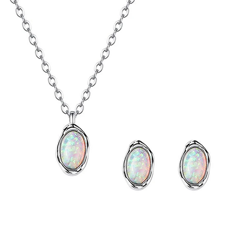 Moyu Elegant 925 Sterling Silver Gemstone Jewelry Oval Cut Opal Necklace Earring Jewelry Sets for Women