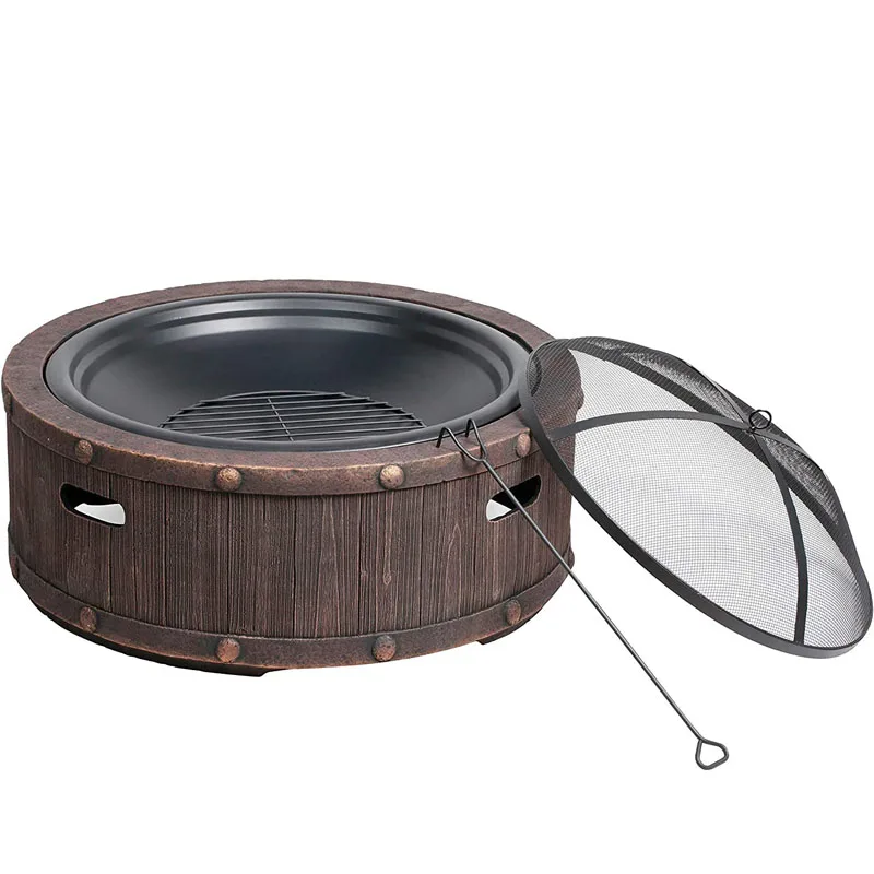 Dome Screen and Poker Stone Cast Base Wood Burning Fire pit with Grill 35 inches