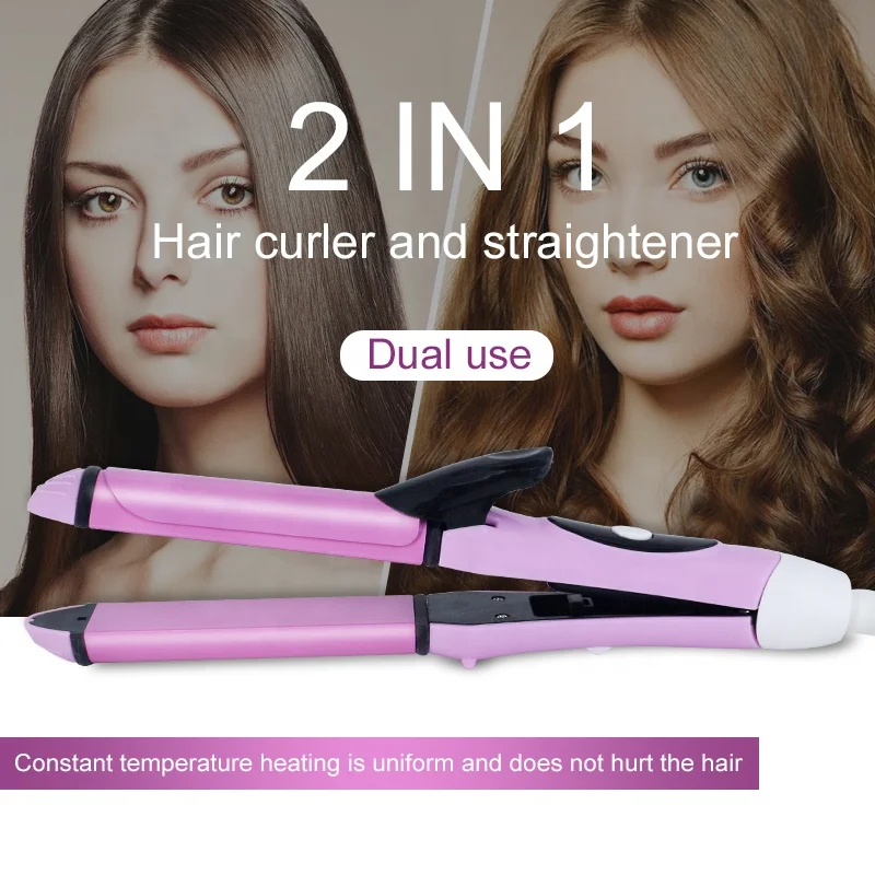 Factory 2 in 1 Mini Hair Straightener Hair Curler Electric Flat Iron Curling Iron Style Tool Wet And Dry Dual Use Portable Pink