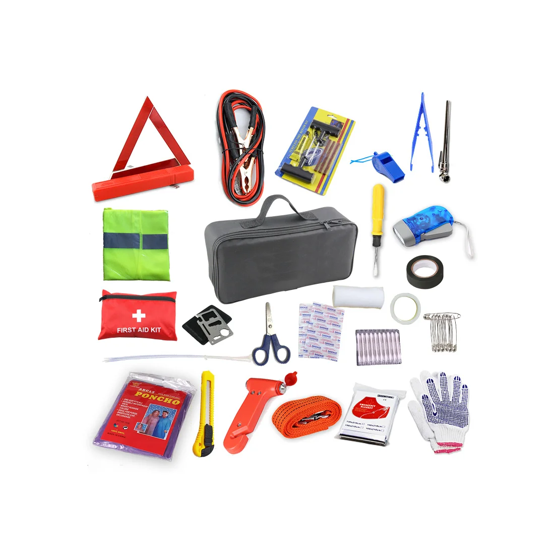 26 Piece Set OEM Vehicle Car Emergency Kit Survival Tools Roadside Kit With Poncho Booster Cable Warning Triangle Flashlight