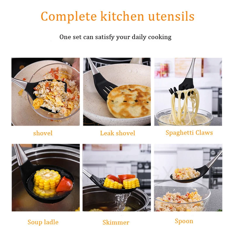 BPA Free camp Kitchen Utensils Slotted Spoon Turner Silicone Cooking Utensil Set 8Pcs/Set Silica Gel Kitchenware