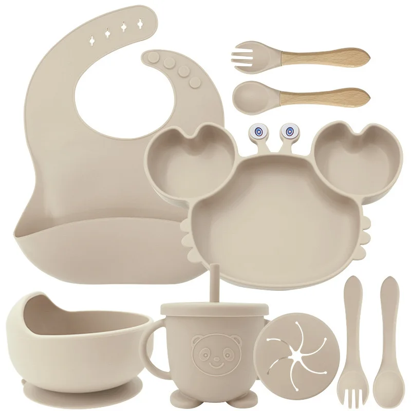 BPA Free Crab Silicone Baby Dishes Suction Bowl and Spoons Silicone Baby Bibs Silicone Baby Feeding Set