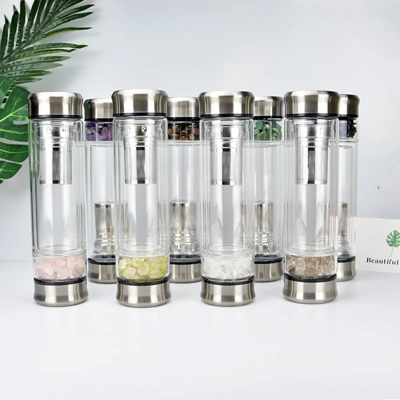 
400ml,500ml Whosale Natural Rose Gravel stone/Rose Quartz Infused Gemstone crystal Points holy Borosilicate Glass Water Bottle 