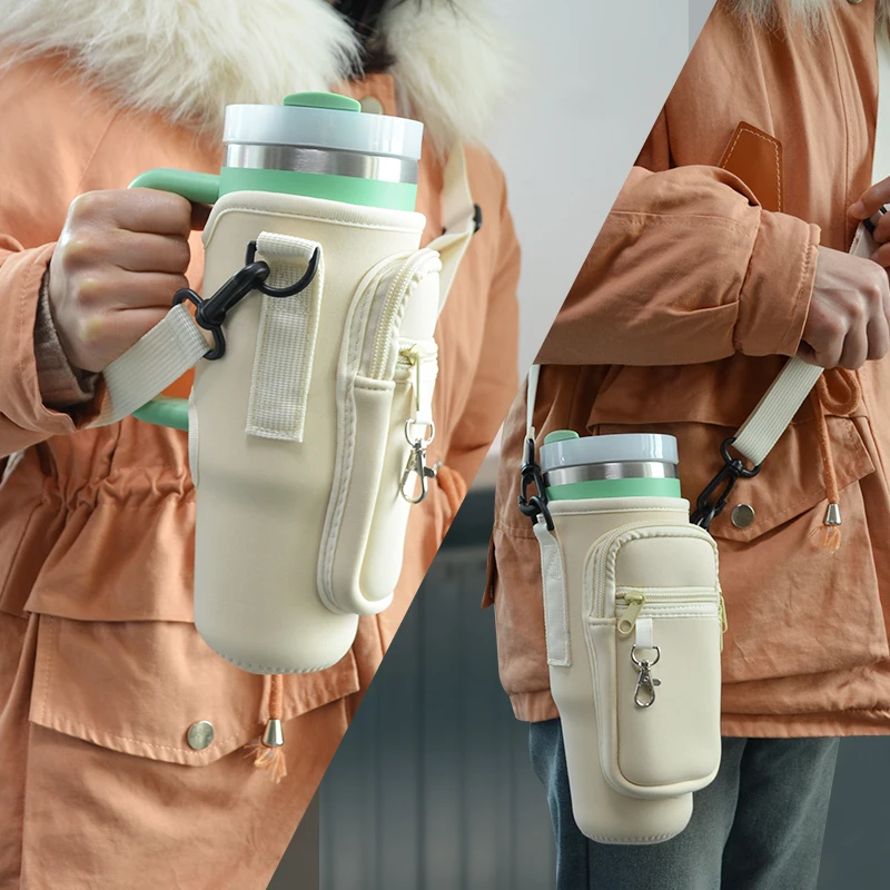 Custom Logo Neoprene Zipper Pouch Wallet Phone Case Pocket Shoulder Strap 30oz Tumbler Cup Water Bottle Carrier Sling Holder Bag