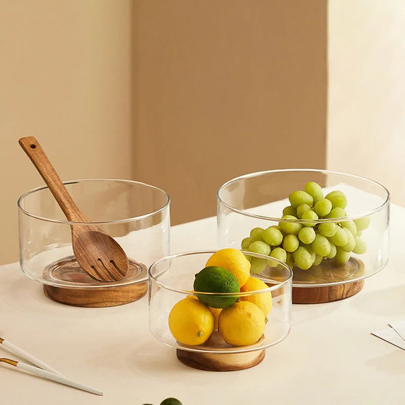 Coffee Table Decoration Snack Candy Plate Home Storage Glassware With Wooden Base Kitchen Acacia Wood Glass Tall Fruit Bowl