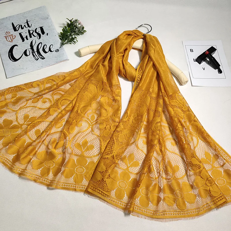 
Lace Silk Scarf Head Scarf Muslim Ladies Scarf Thin Solid Color Hollow Gauze Travel Sunscreen Shawl 
