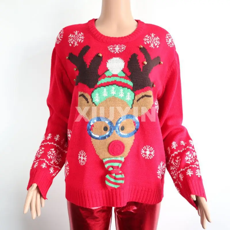 
2021 ugly Christmas knit sweater funny Characters embroidery and pompom,ribbons Christmas cardigan and winter thick pullover 