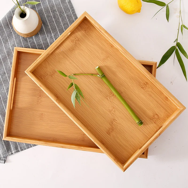 Rectangle Solid Wood Bamboo Wooden Serving Trays with Handles for Food Bread Fruit Tea-Tray
