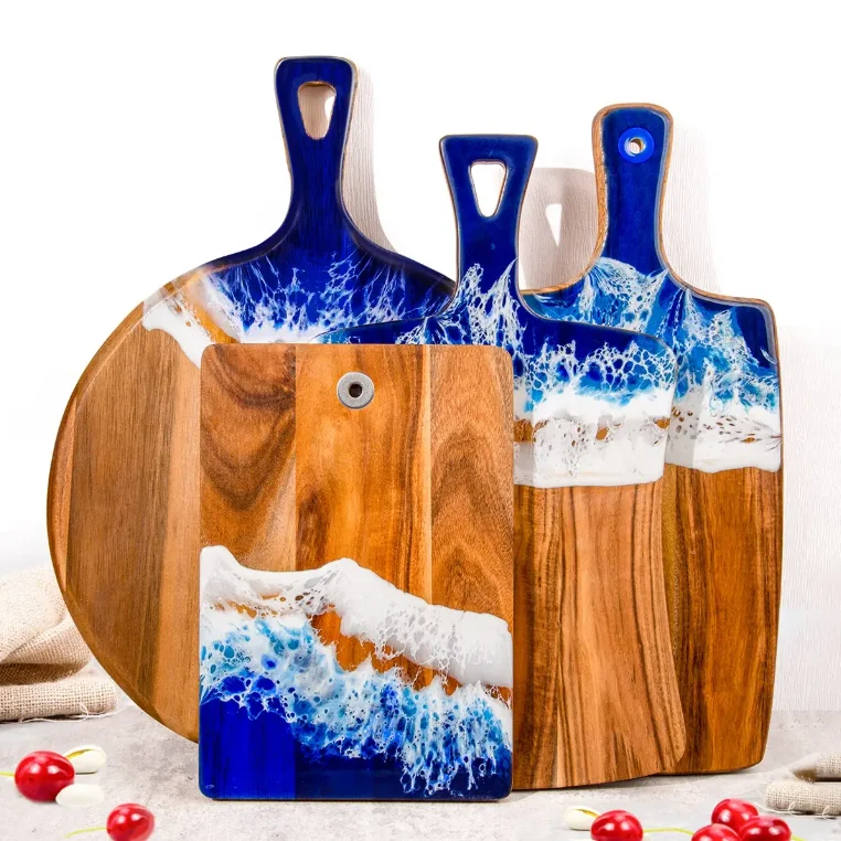 Wholesale Acacia Wood And Epoxy Resin Breakfast Board Wooden Charcuterie Board Resin Cutting Board
