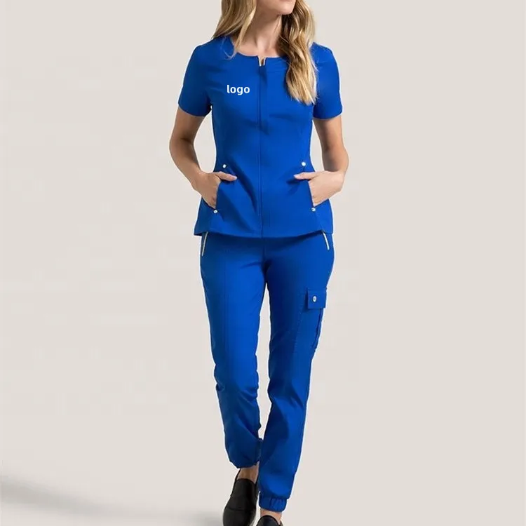 Lab Coat Medical Scrubs Hospital Nurse Scrub Multiple Cargo Pocket Nursing Scrubs Uniforms Sets With Zipper Jacket