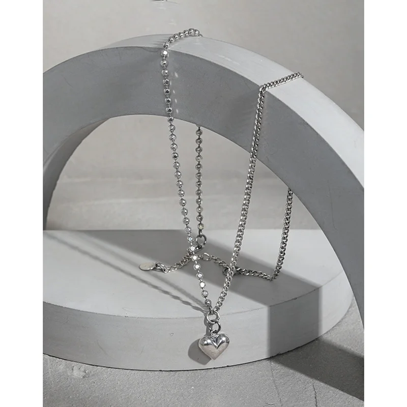 Bead and cuben Chain Love Heart pendant 925 sterling silver heart necklace